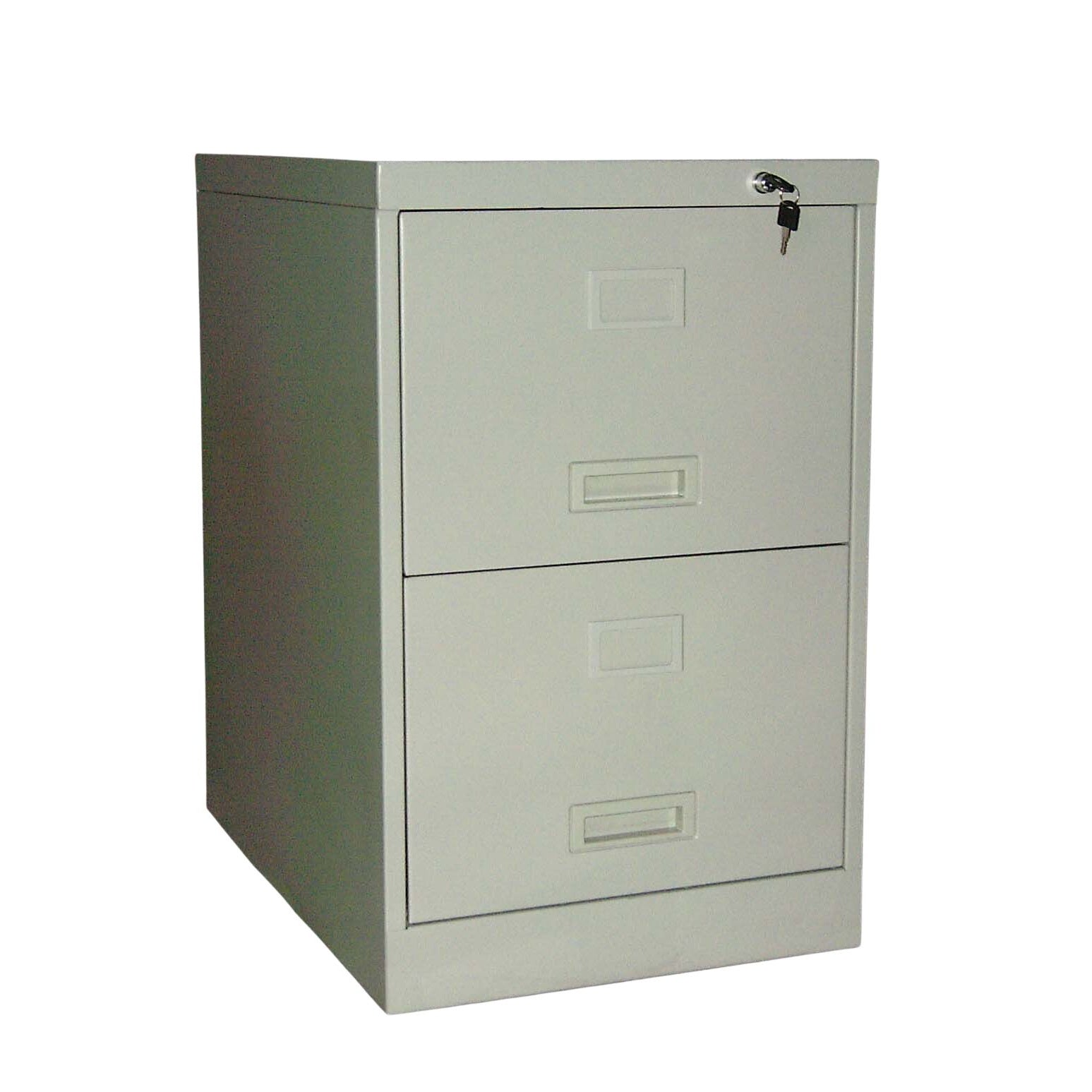 HFC-132A 2-drawer steel filing cabinet in grey, featuring recessed plastic handles and a central security lock.
