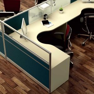 Modern office cubicle partition system with desks, chairs, and blue panels in an open-plan workspace